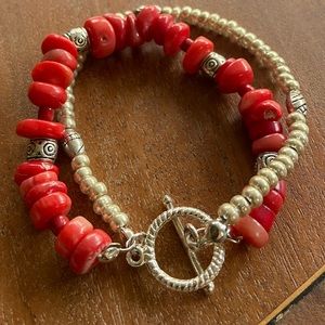 Double strand red agate & silver bracelet